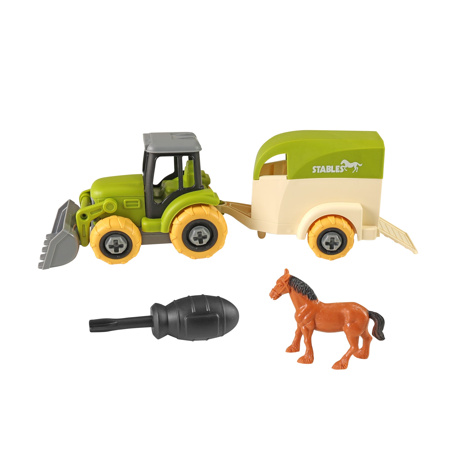 Screw-assembly toy tractor with horse trailer 25 cm