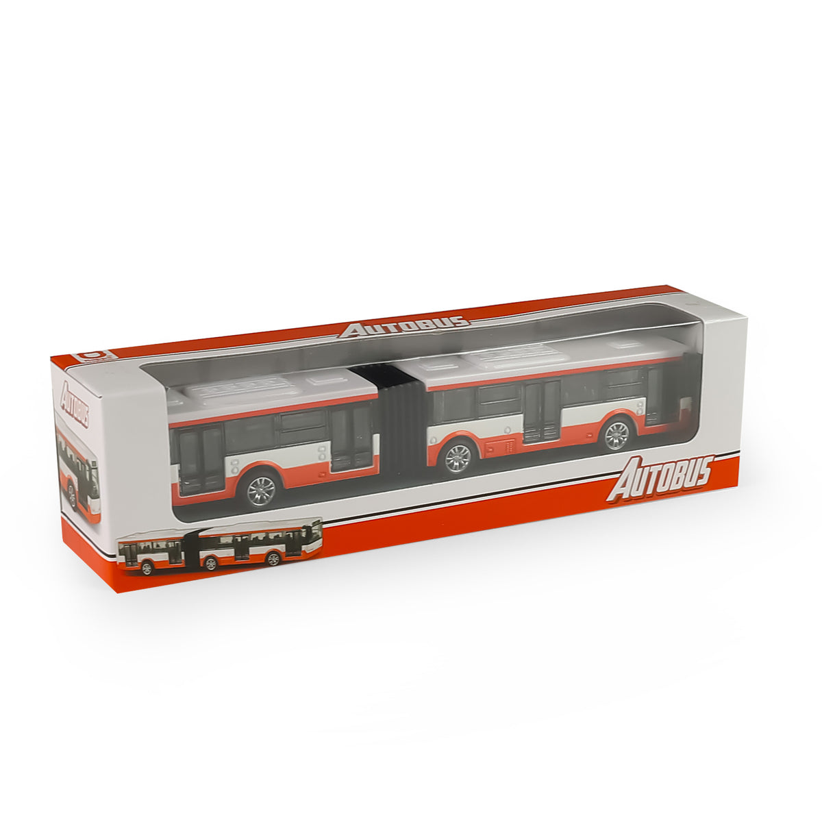 Red and white articulated metal bus 18 cm