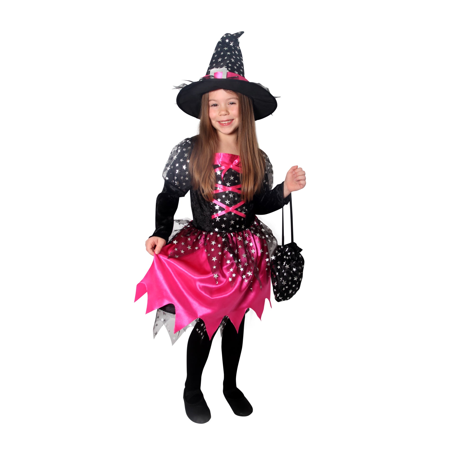 Children's witch costume black and pink with stars, M
