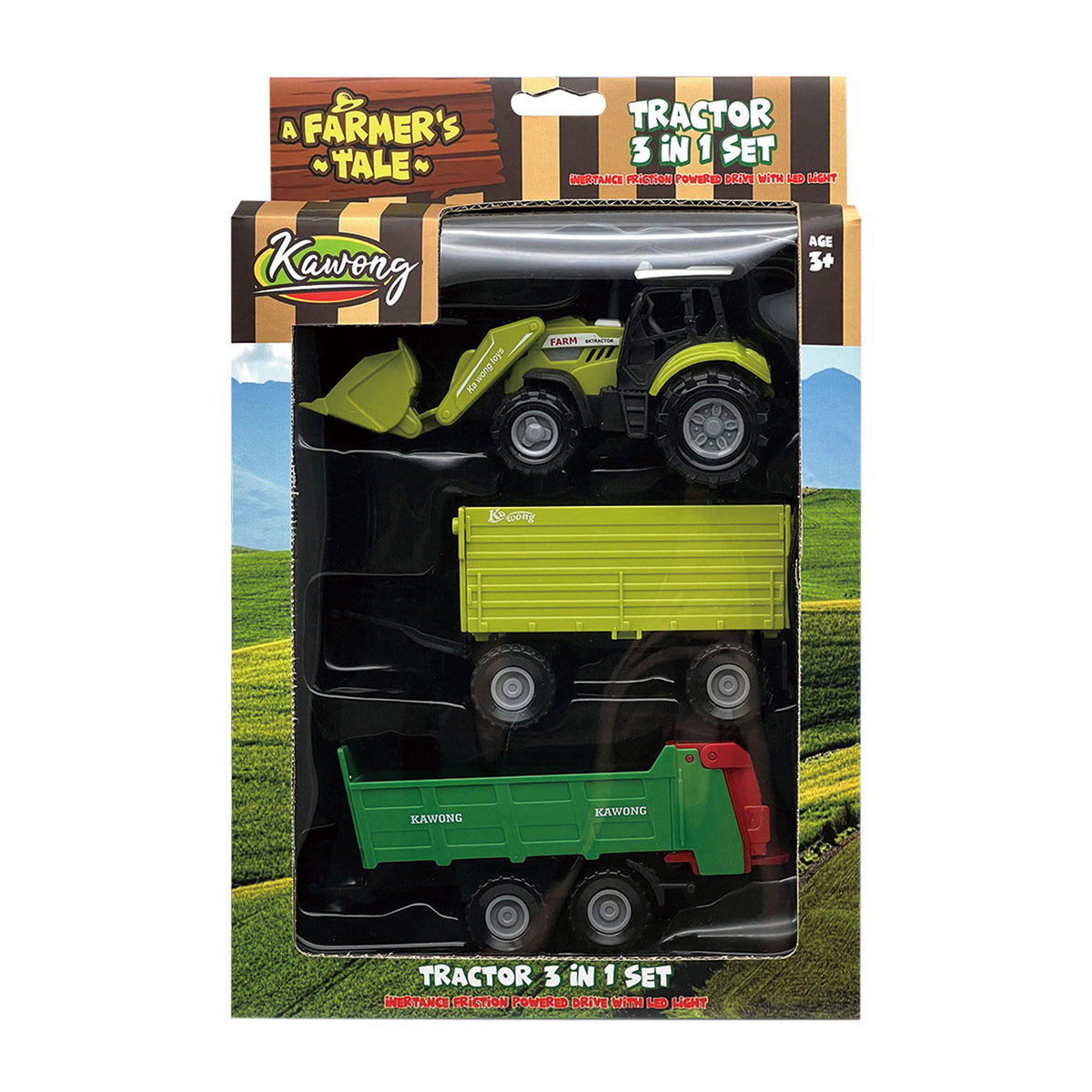 Toy tractor with trailers, lights and sounds