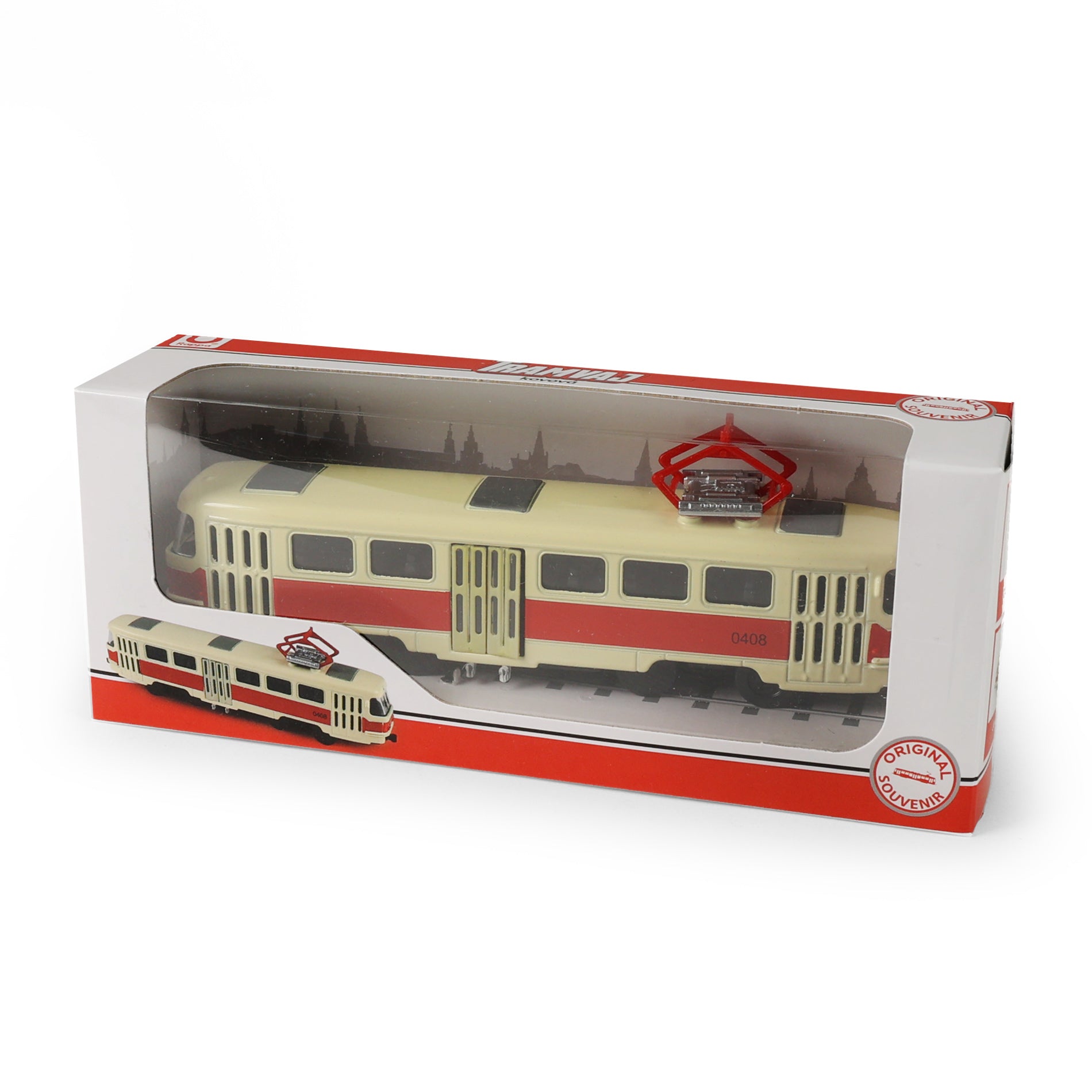 Red metal retro tram 16 cm with opening doors