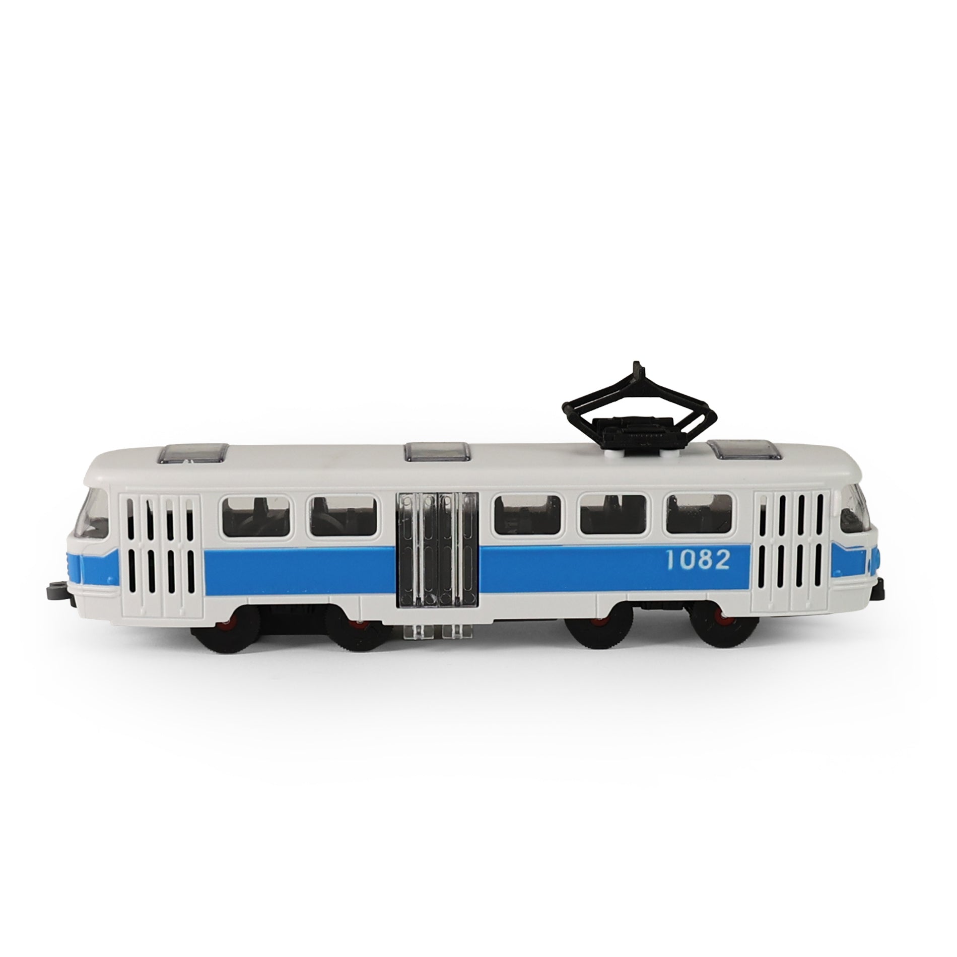 Blue city tram 16 cm with opening doors