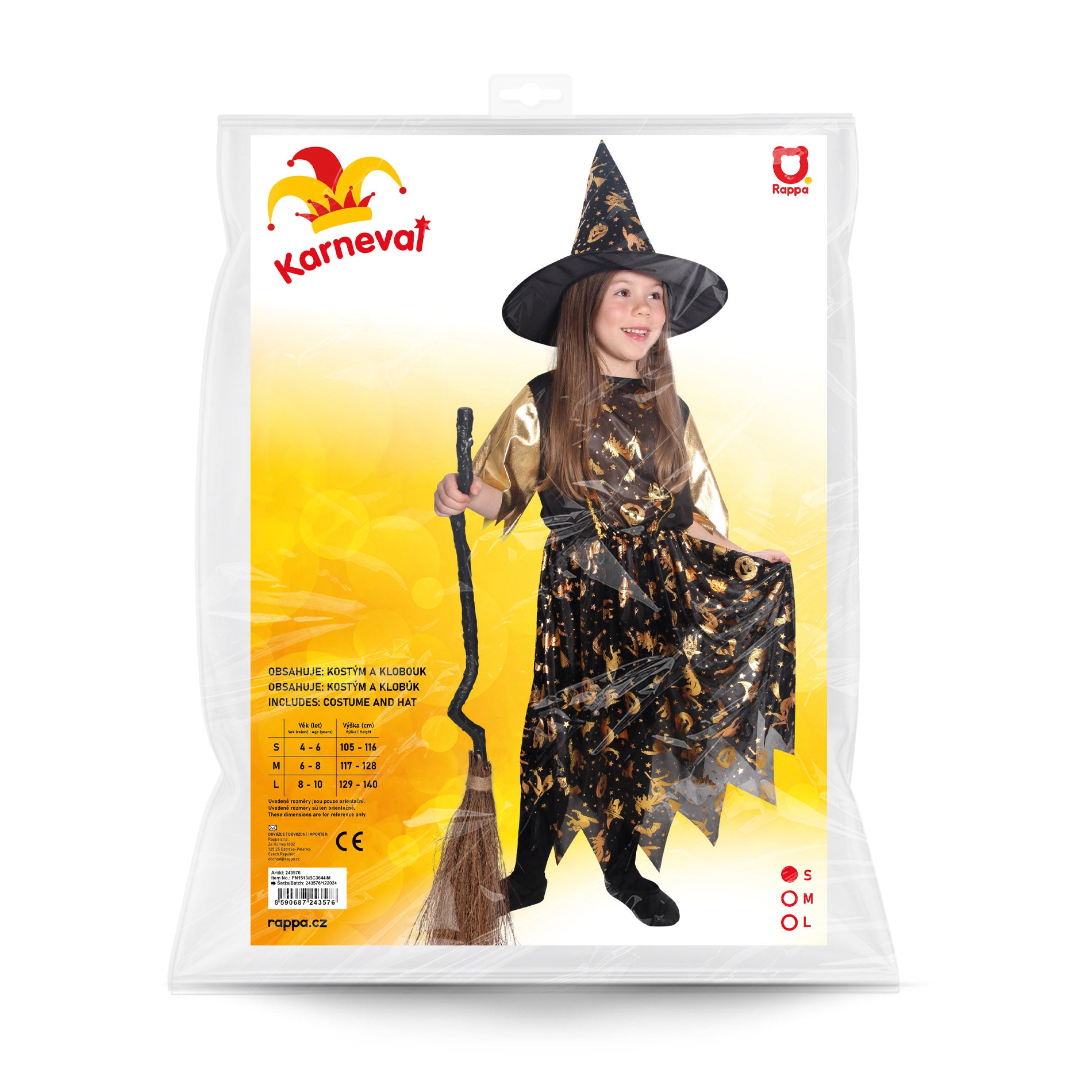 Children's witch costume black and gold with hat, size S