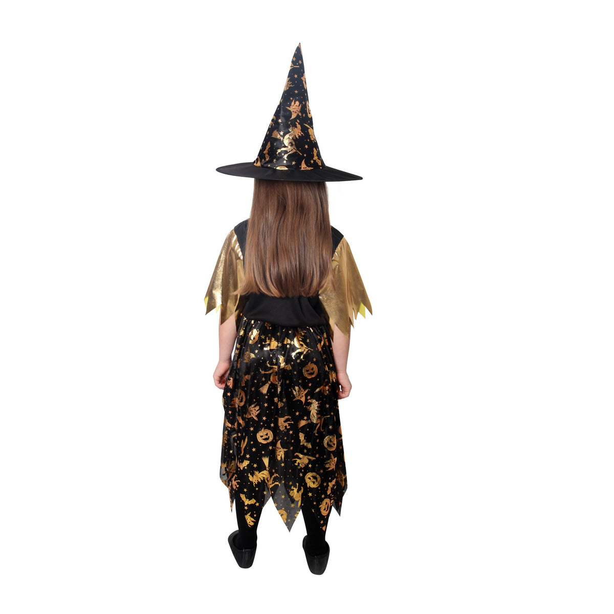 Children's witch costume black and gold with hat, size S