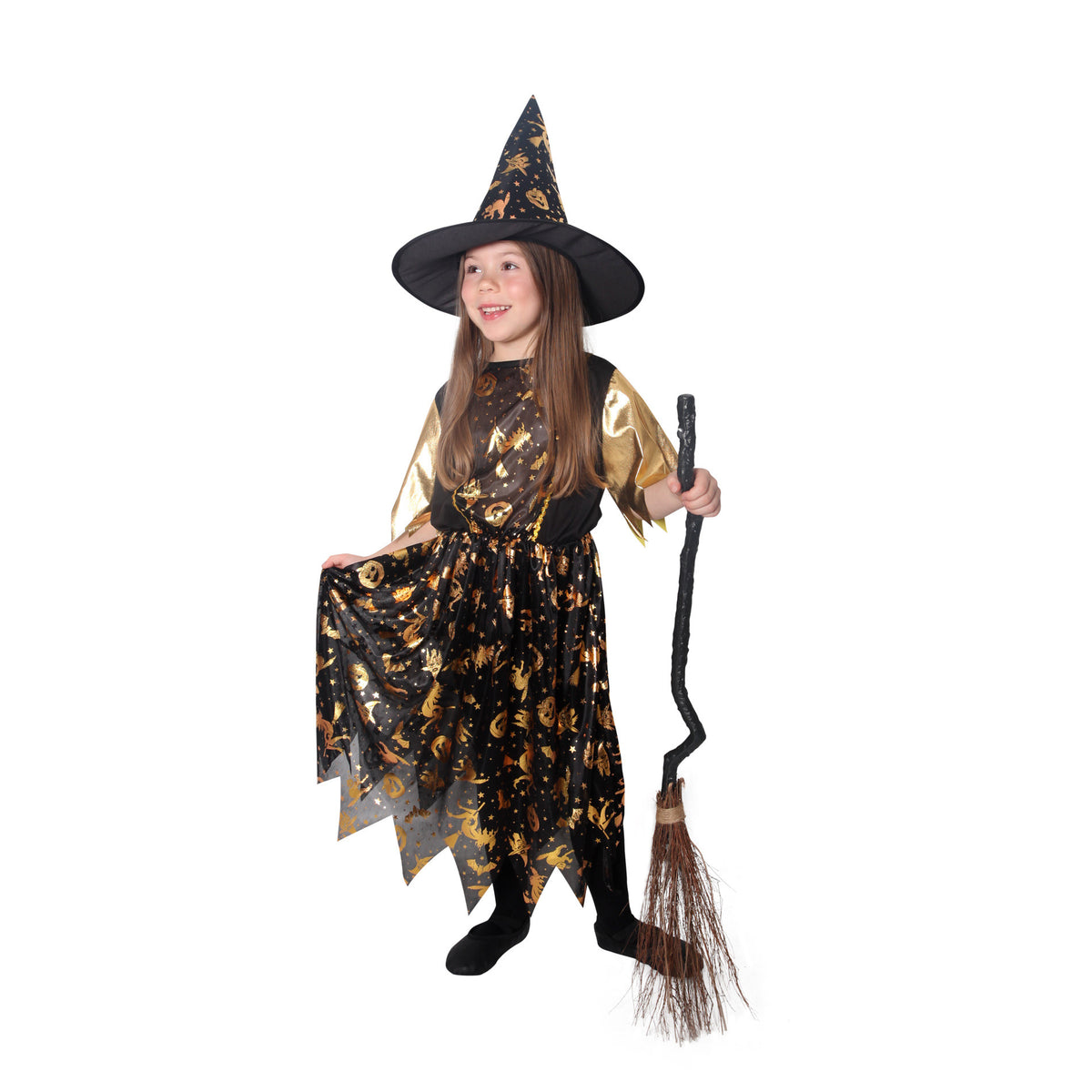 Children's witch costume black and gold with hat, size M
