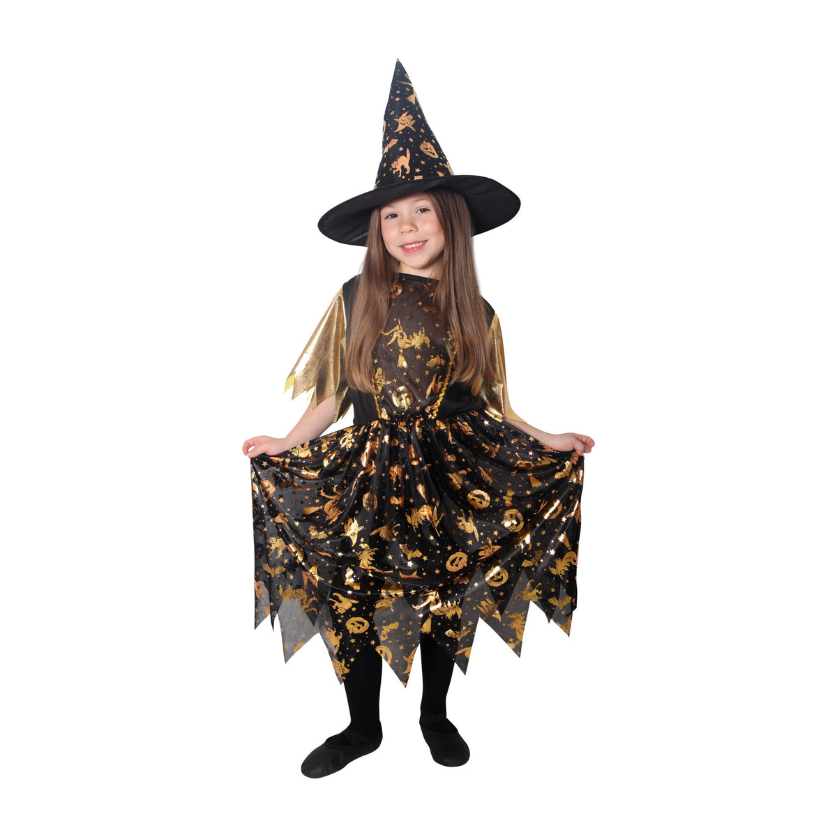 Children's witch costume black and gold with hat, size M