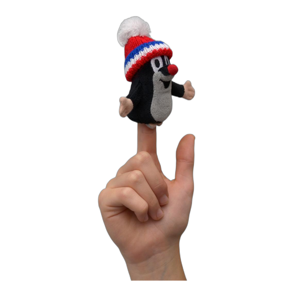 Little Mole 10 cm finger puppet with a red tricolour knitted hat