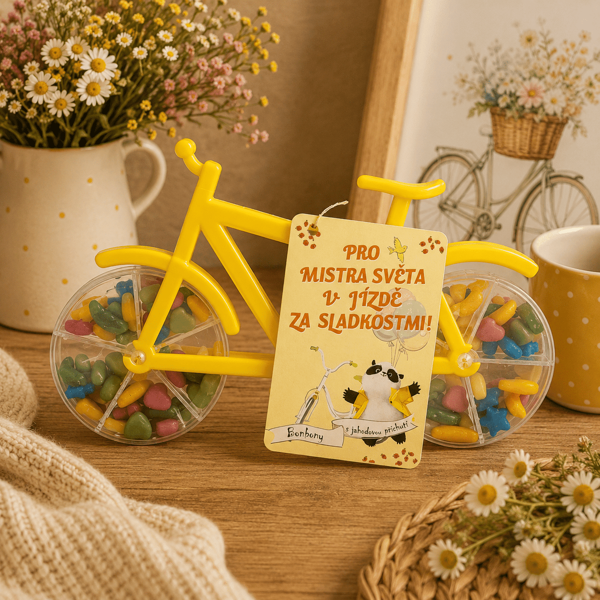 Strawberry-Flavoured Candies in Yellow Bicycle-Shaped Packaging, 55 g
