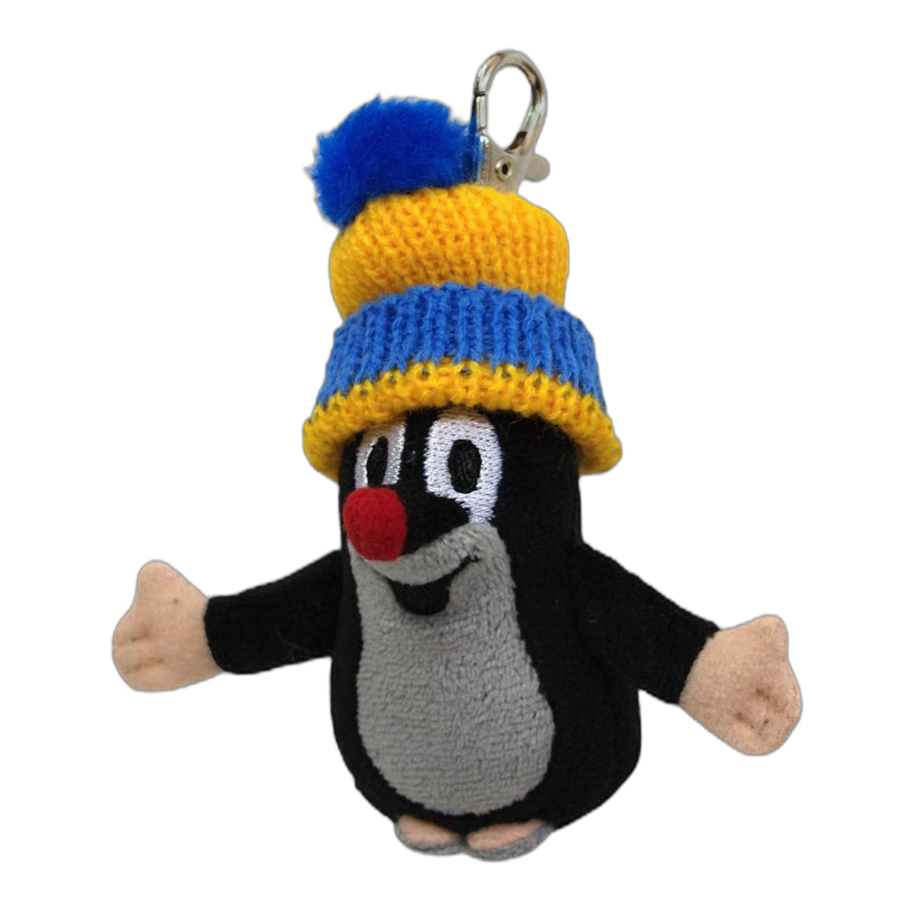 Little Mole 10 cm plush keyring with blue-yellow knitted hat