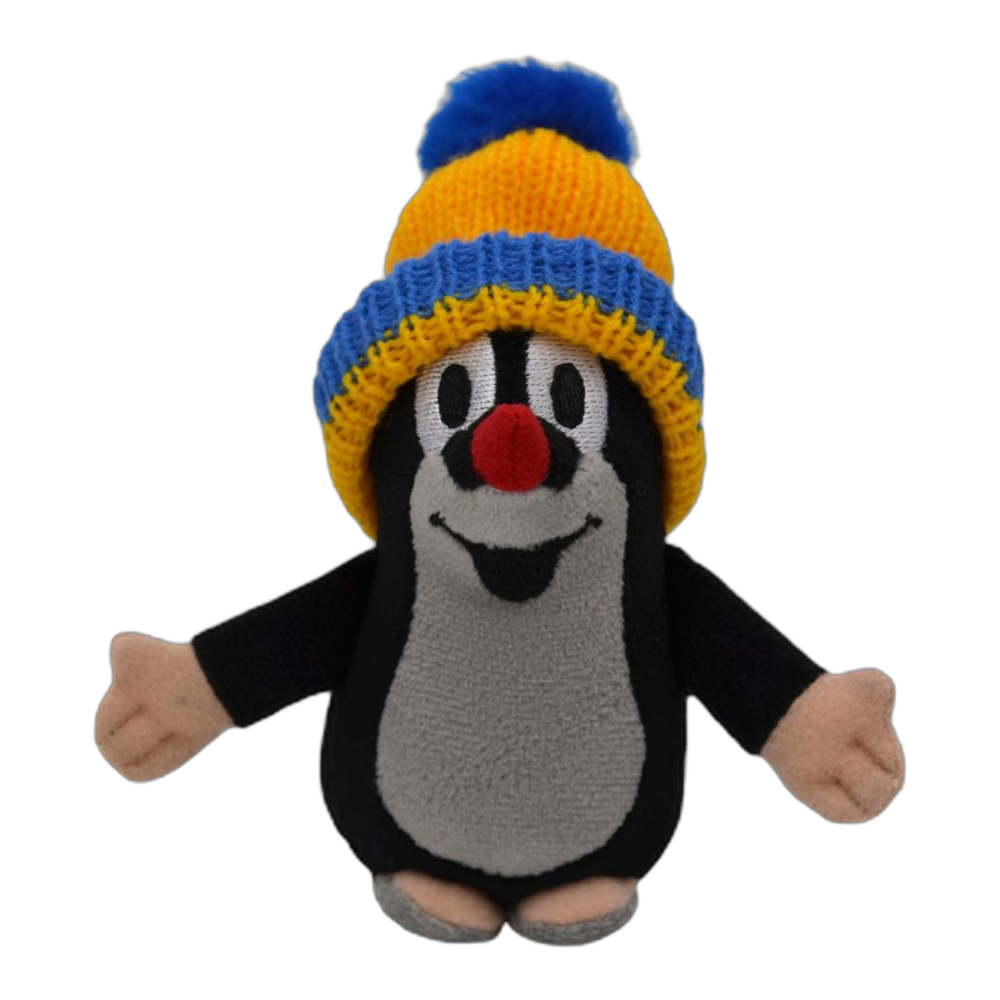 Little Mole 12 cm plush toy, blue-yellow knitted hat