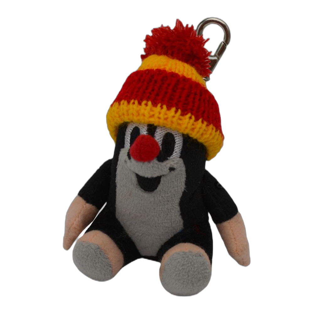 Little Mole 9 cm sitting plush keyring with red-yellow knitted hat
