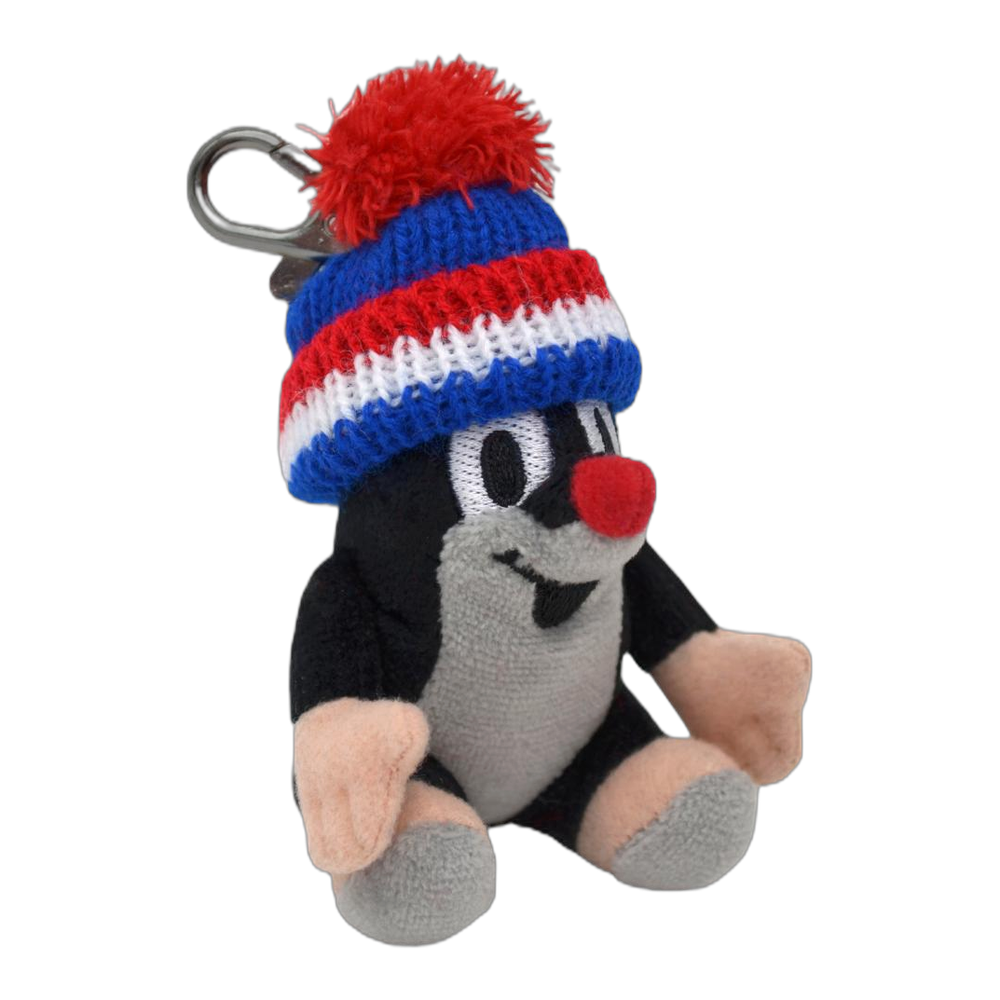 Little Mole 9 cm sitting plush keyring with blue knitted hat