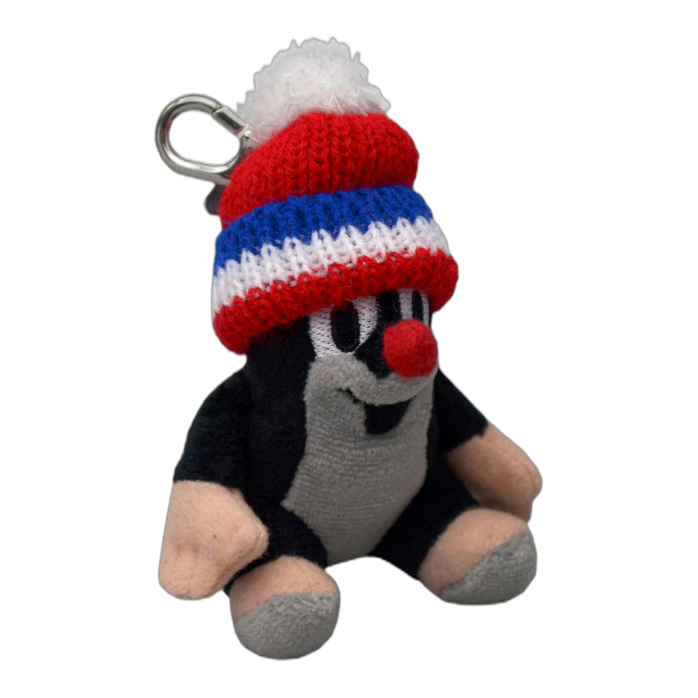 Little Mole 9 cm sitting plush keyring with red tricolour knitted hat