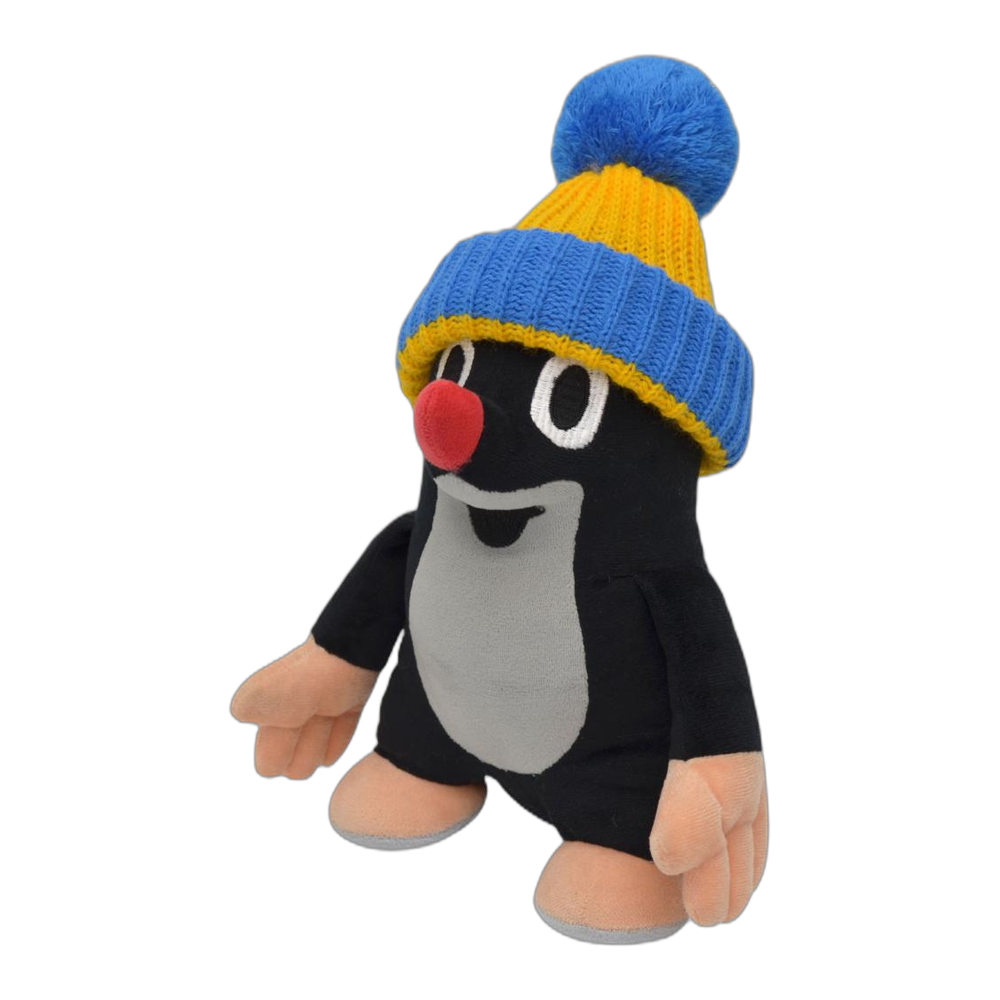 Little Mole 24 cm plush toy, blue-yellow knitted hat