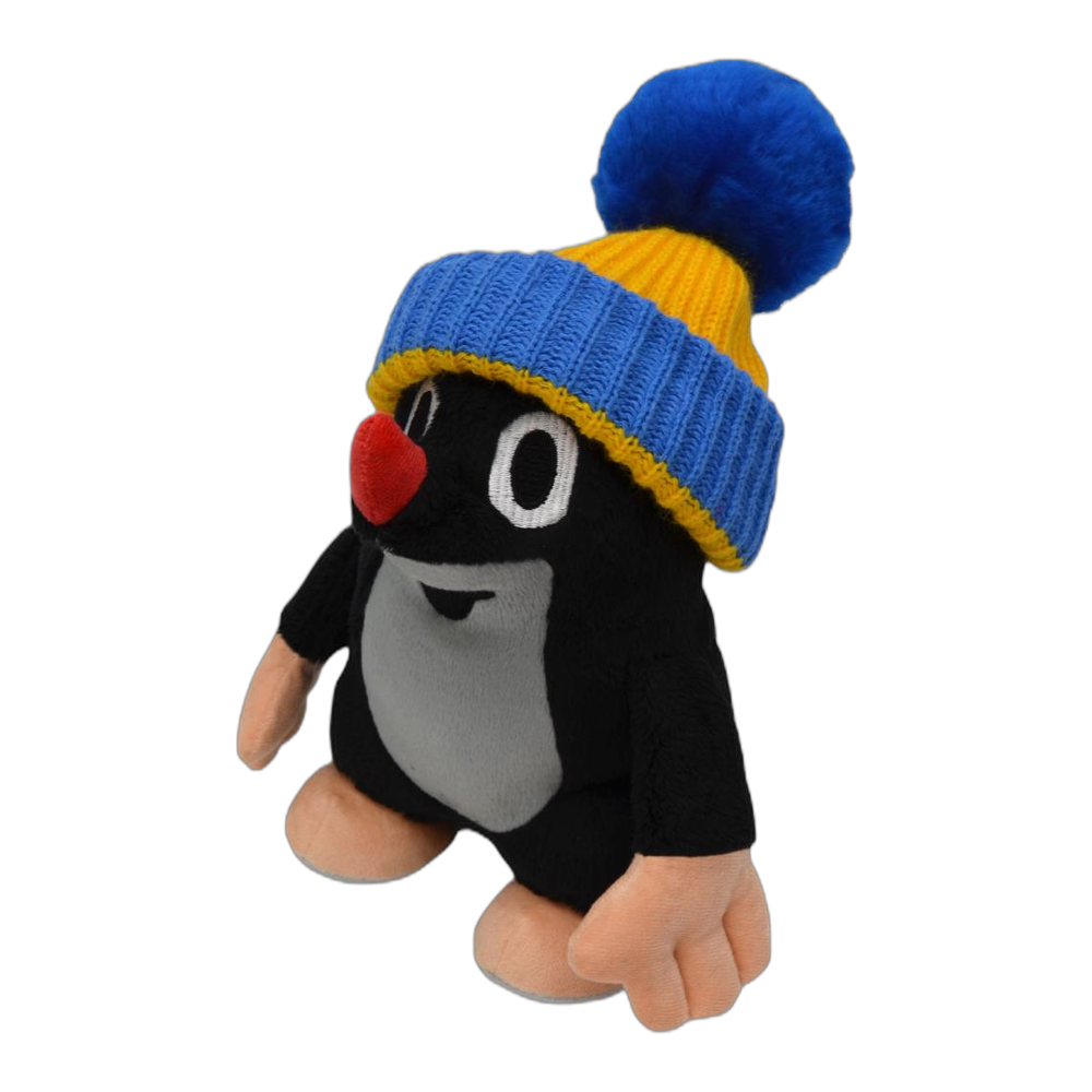 Little Mole 24 cm plush toy, blue-yellow knitted hat