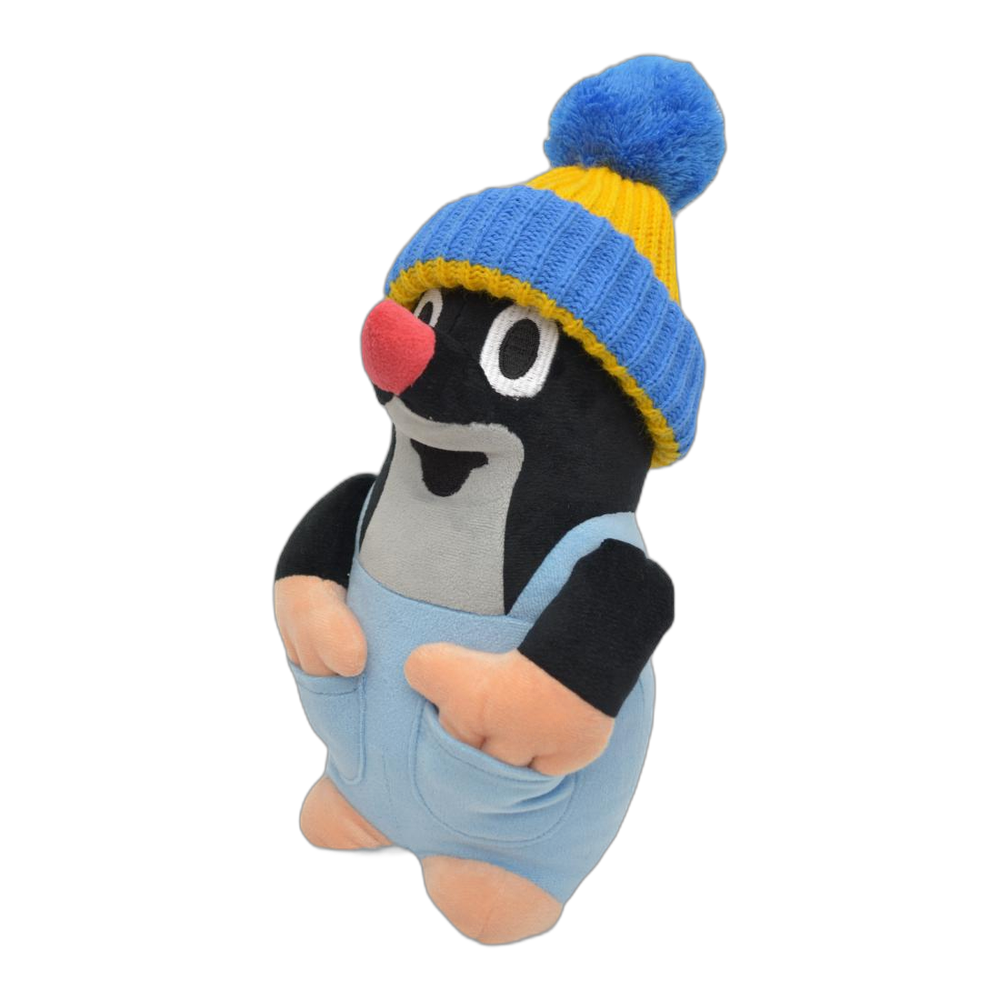 Little Mole 28 cm plush toy, blue-yellow knitted hat, trousers