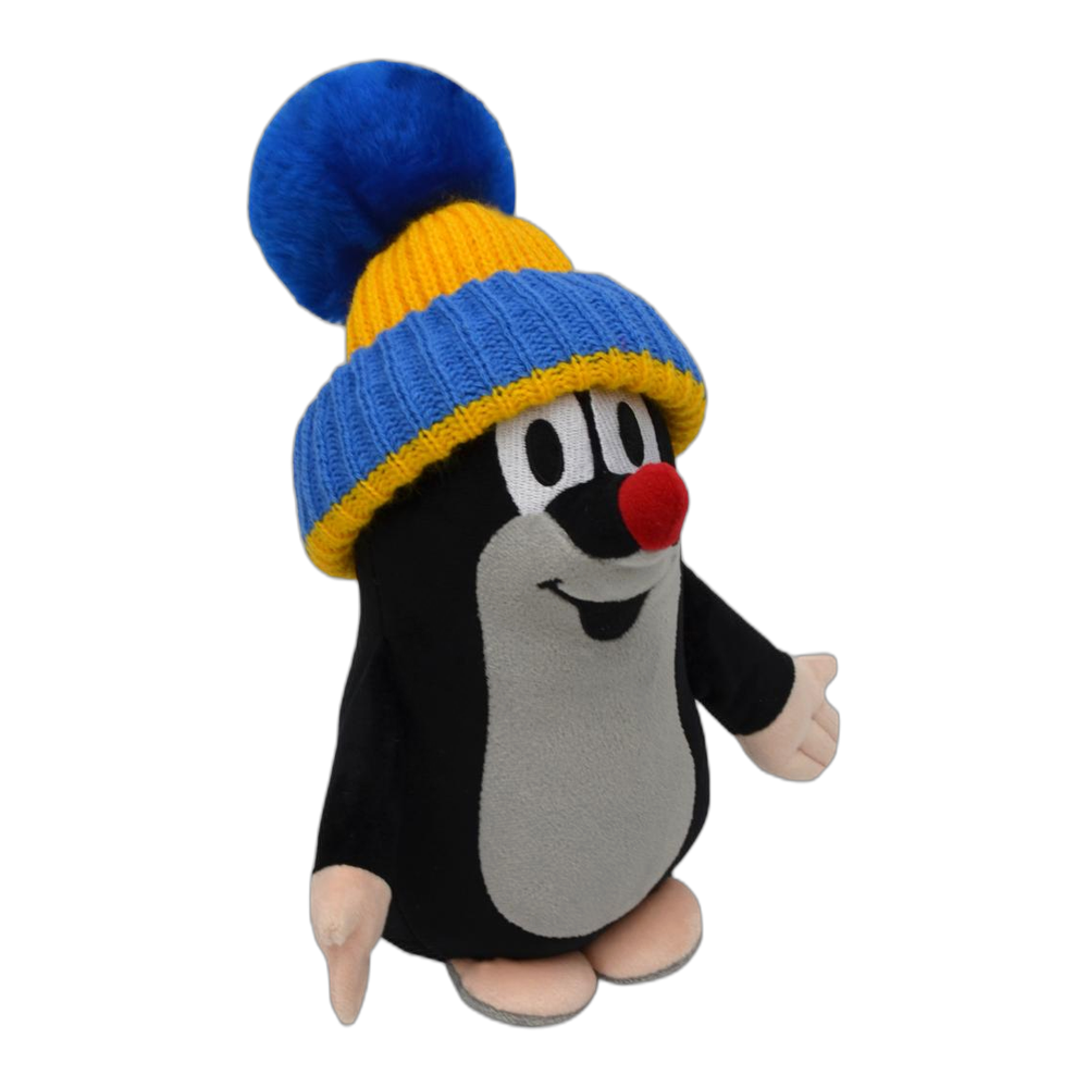 Little Mole 25 cm plush toy, blue-yellow knitted hat