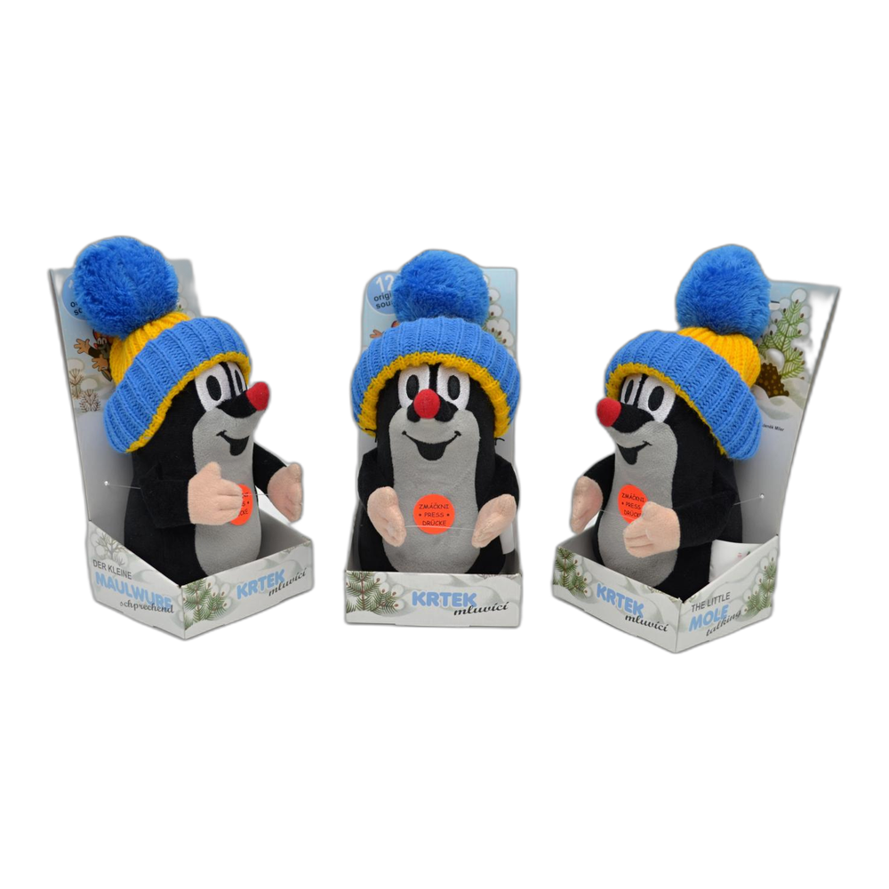 Little Mole 20 cm plush toy, blue-yellow knitted hat, talking