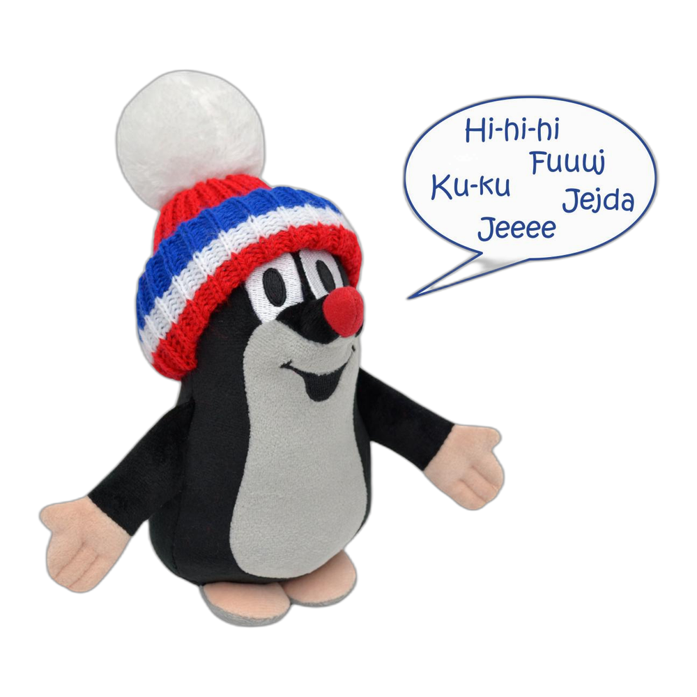 Little Mole 20 cm plush toy, red tricolour knitted hat, talking