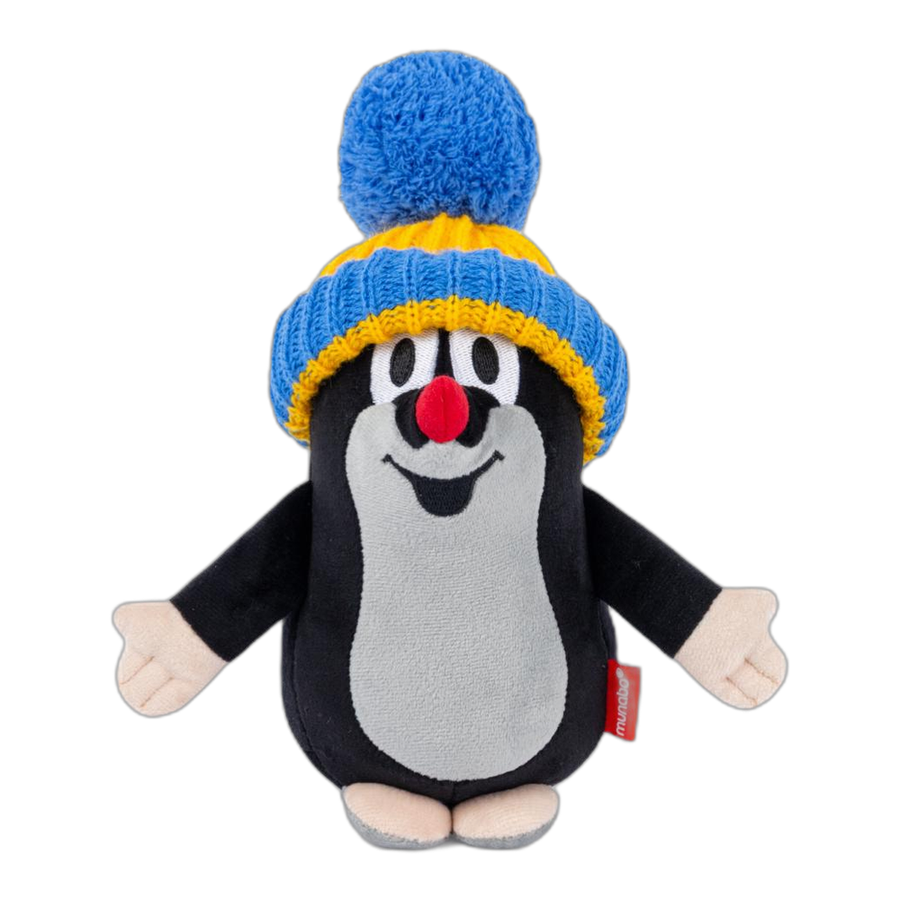 Little Mole 20 cm plush toy, blue-yellow knitted hat