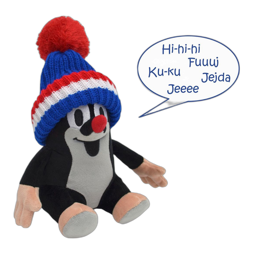 Little Mole 20 cm plush toy, blue tricolour knitted hat, talking