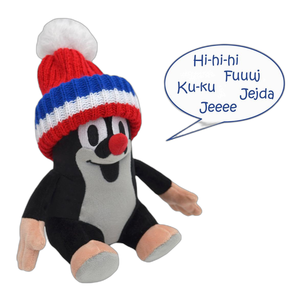 Little Mole 20 cm plush toy, red tricolour knitted hat, talking