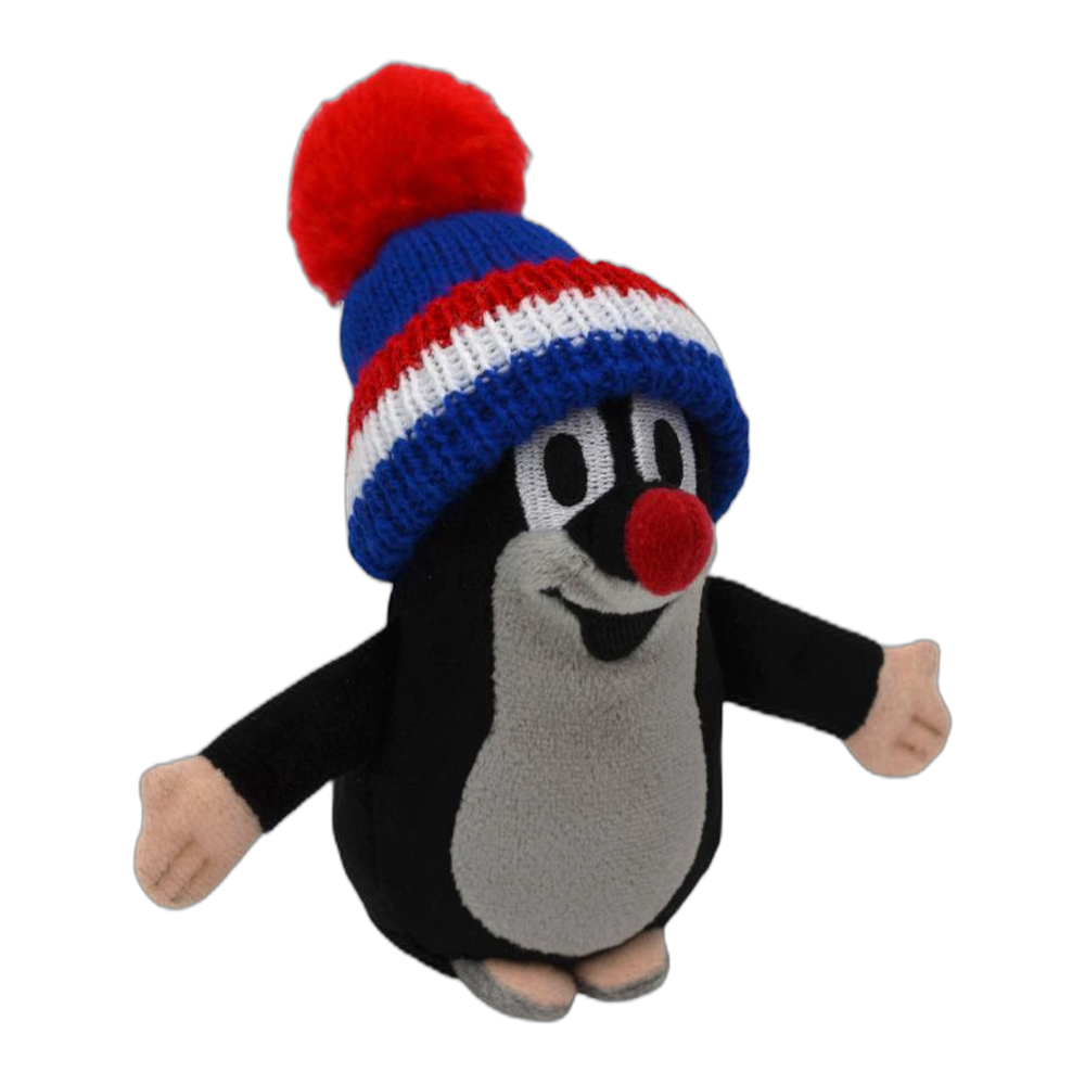 Little Mole 15 cm plush toy, blue tricolour knitted hat