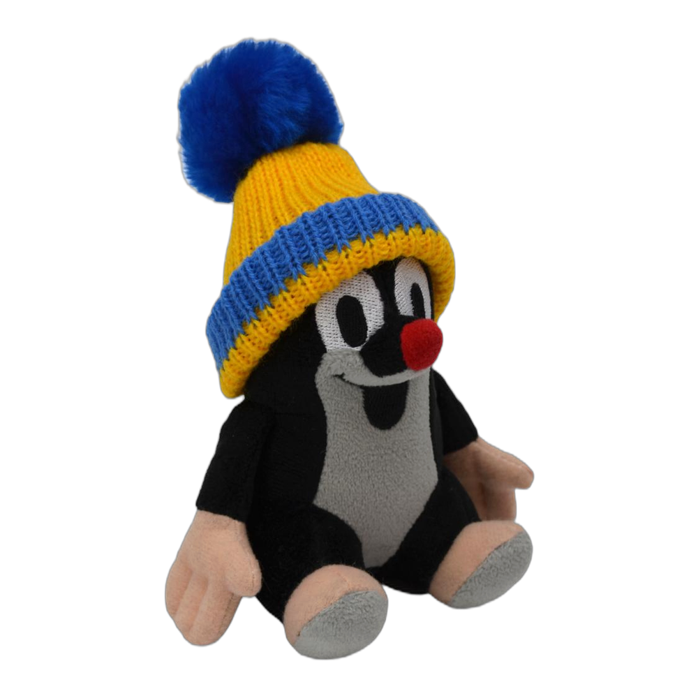 Little Mole 14 cm plush toy, blue-yellow knitted hat, sitting