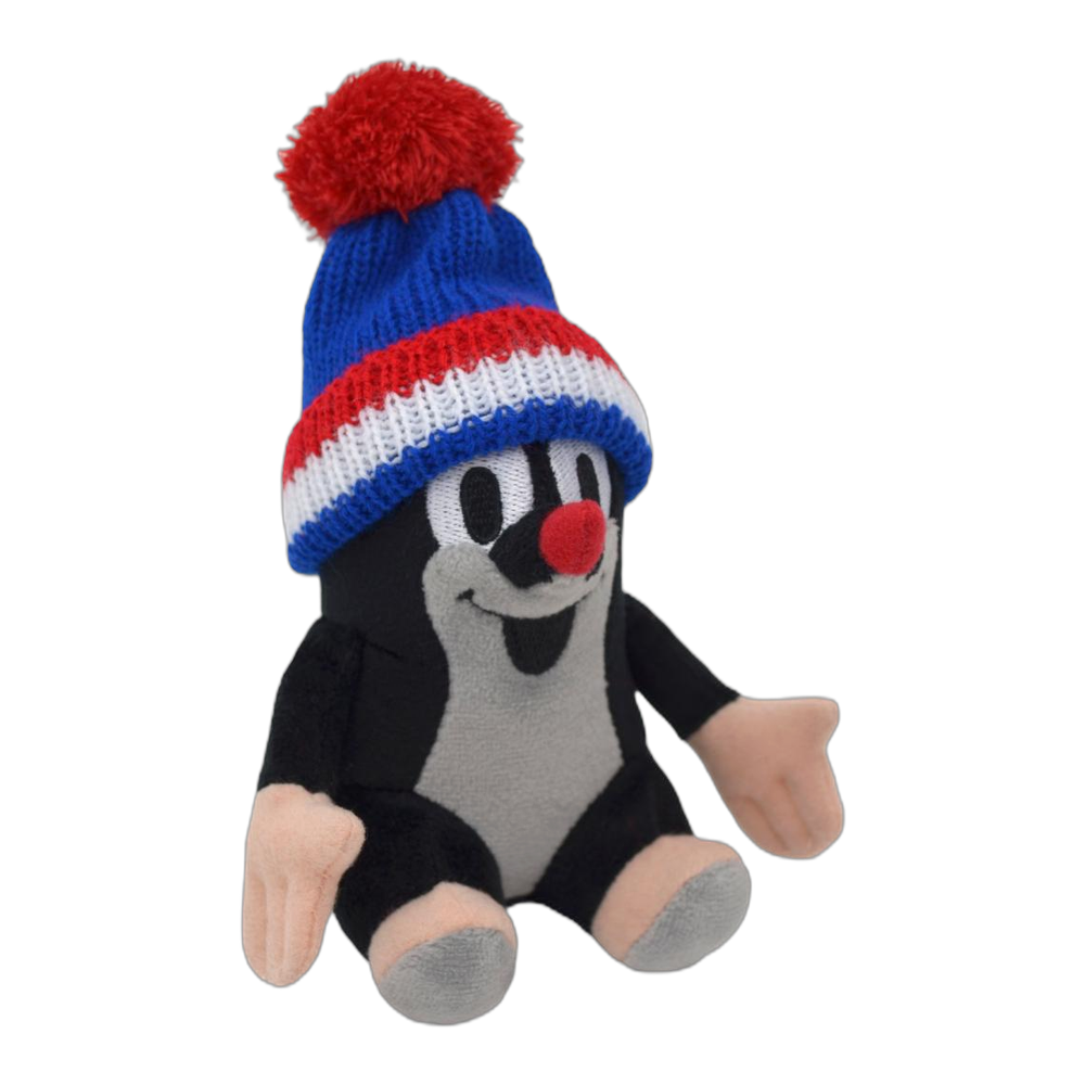Little Mole 14 cm plush toy, blue tricolour knitted hat, sitting
