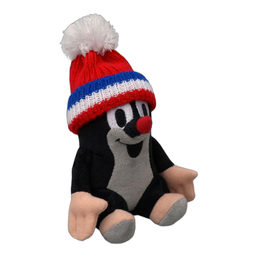 Little Mole 14 cm plush toy, red tricolour knitted hat, sitting