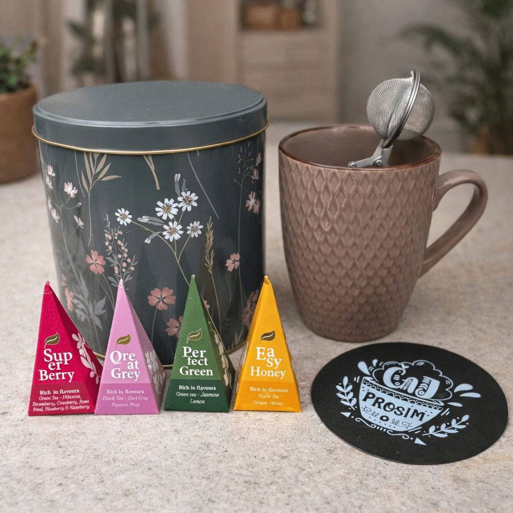 Tea Gift Tin Box with Mug, Coaster and Strainer