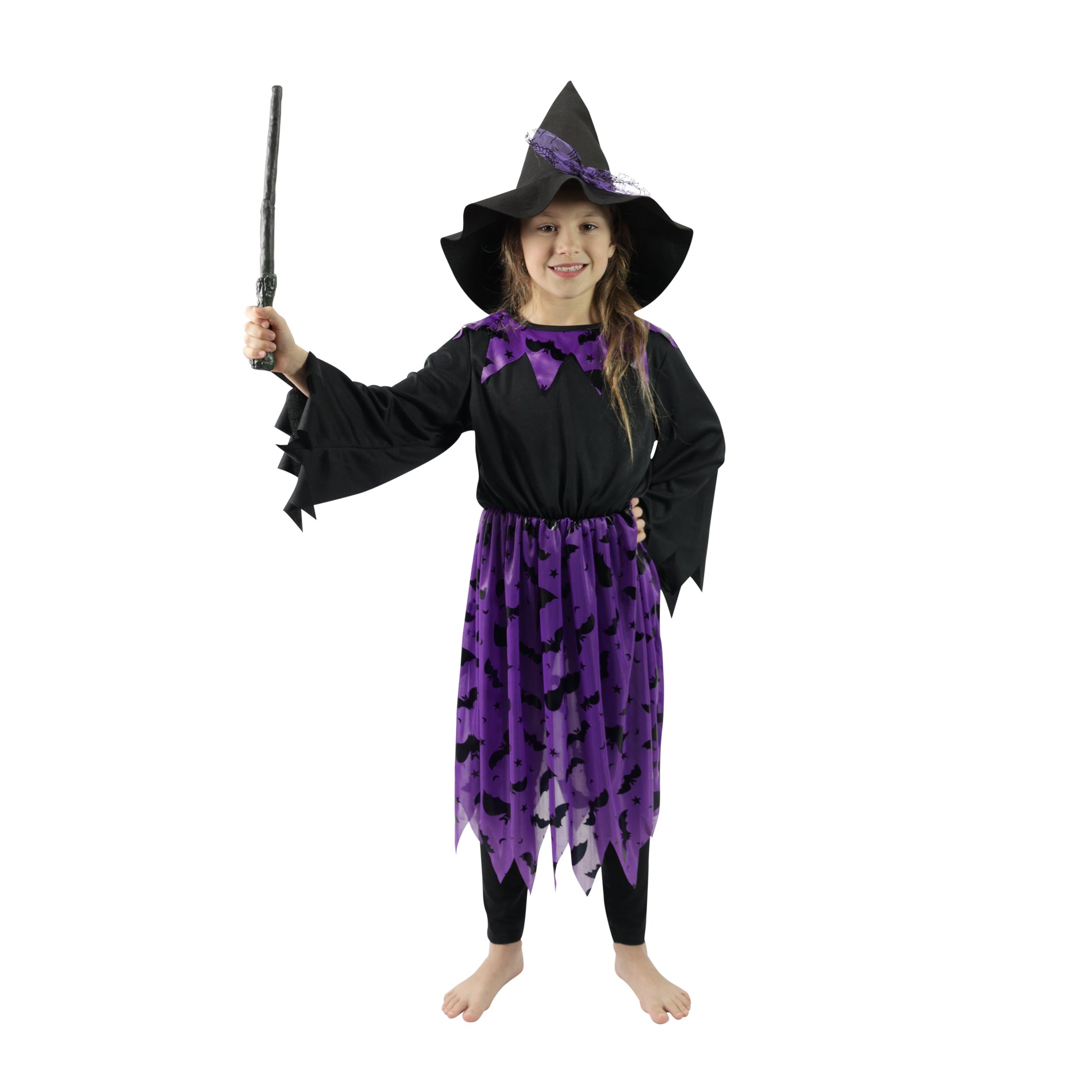 Children's witch costume with bats and hat (M)