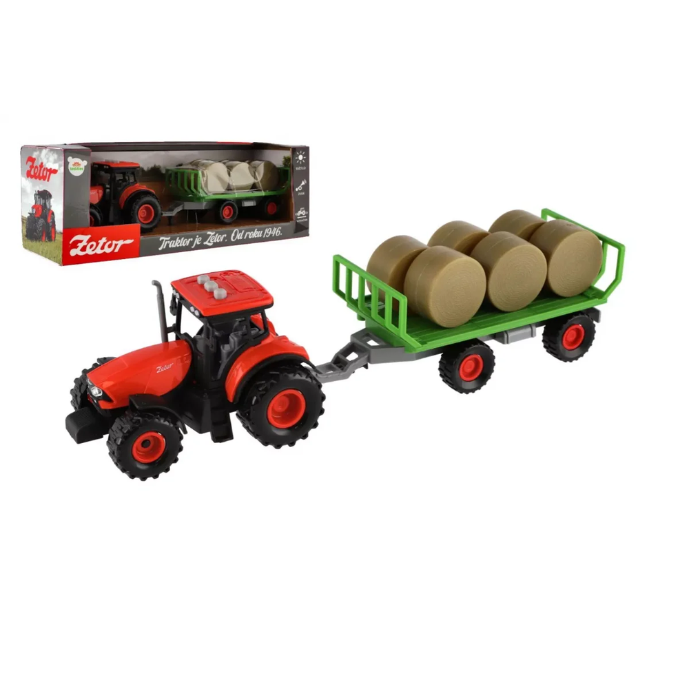 Traktor Zetor s vlekem a balíky na setrvačník, se světlem, se zvukem