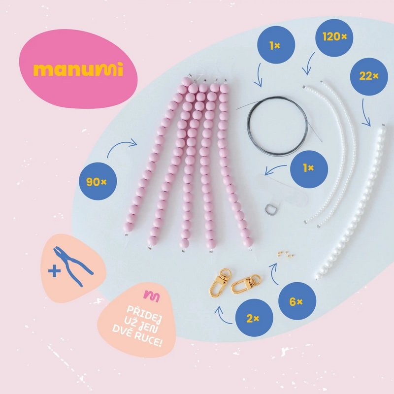 Manumi Beaded Phone Strap Kit, Wooden Beads and Wax Pearls