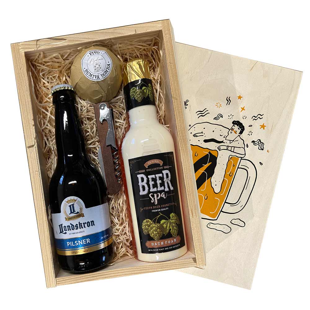 Wooden Gift Box with Beer-Themed Bath Products