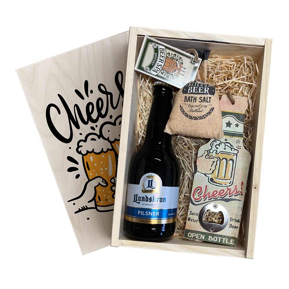 Wooden Gift Crate with Bath Salt and Opener Cheers