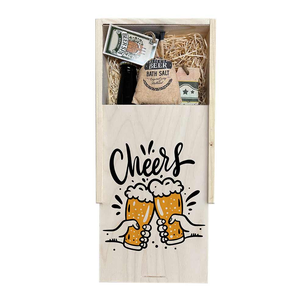 Wooden Gift Crate with Bath Salt and Opener Cheers