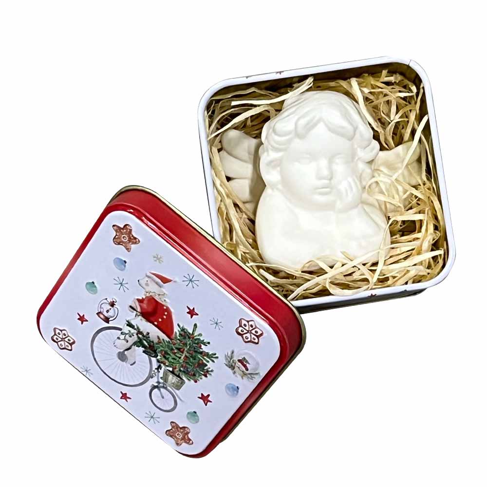 Christmas Gift Tin Box with Angel Ornament