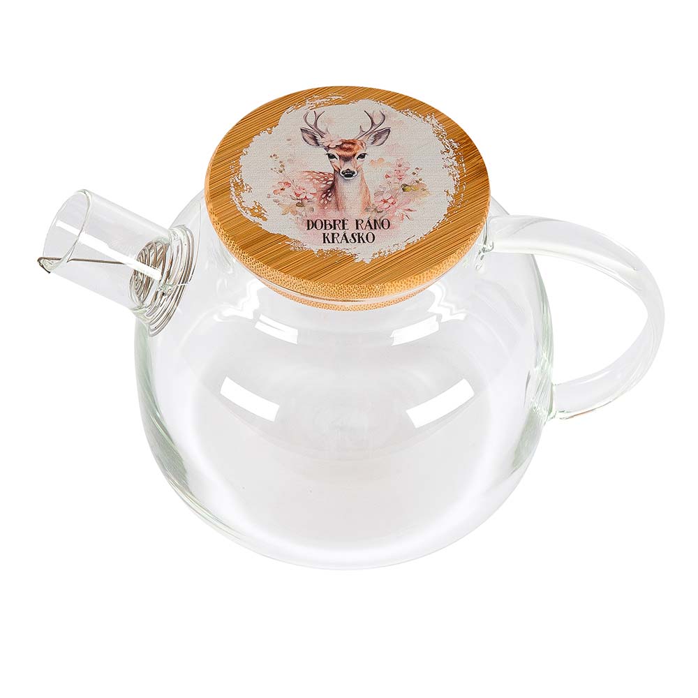 1 L Glass Teapot with Wooden Lid, Good Morning, Beauty and Deer