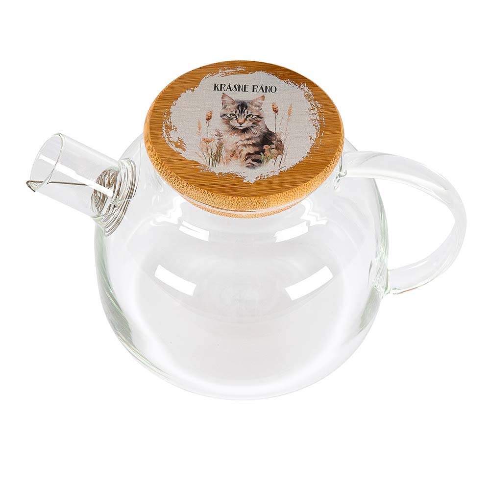 1 L Glass Teapot with Cat Print and “Good Morning”