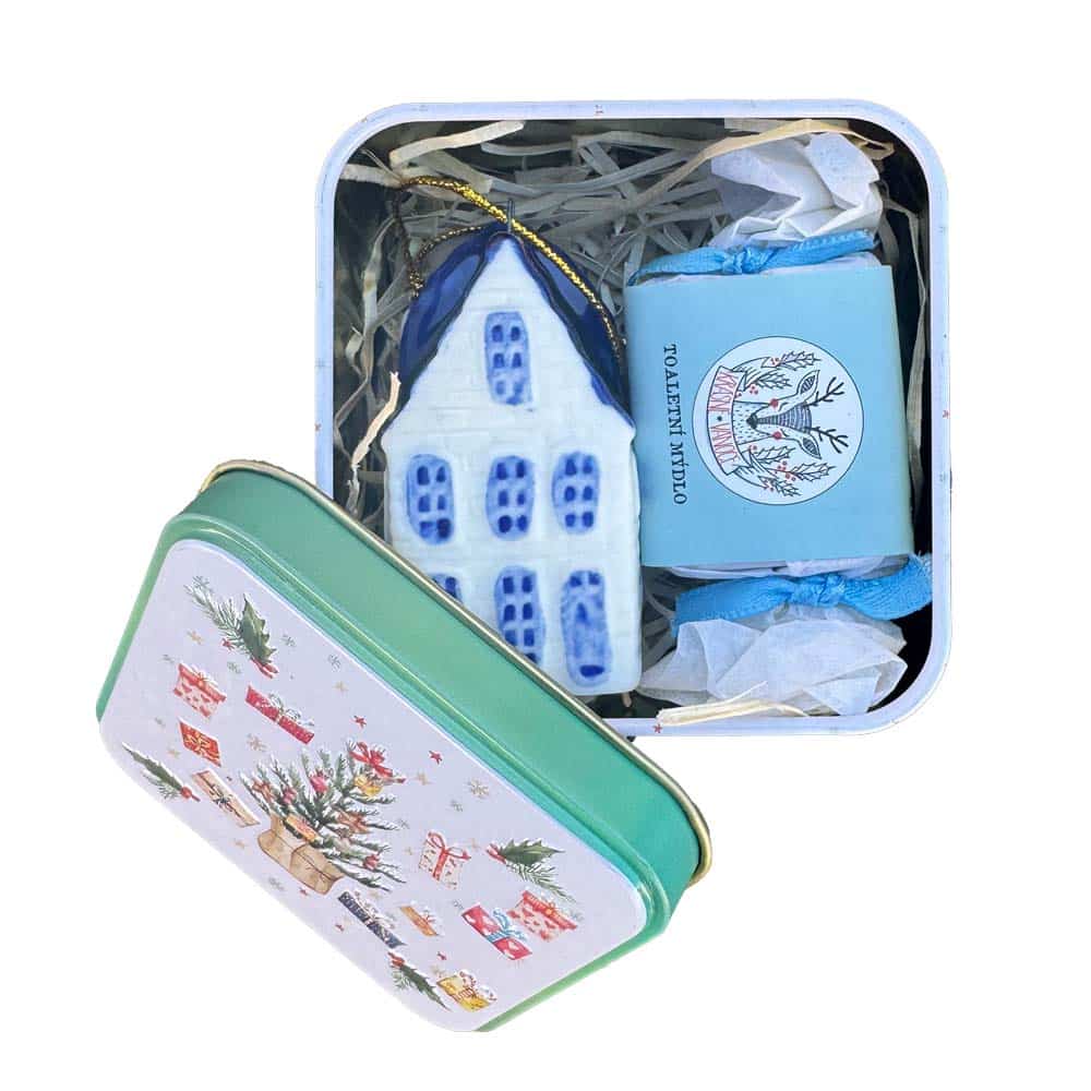 Christmas Tin Gift Box with House Ornament and Solid Soap