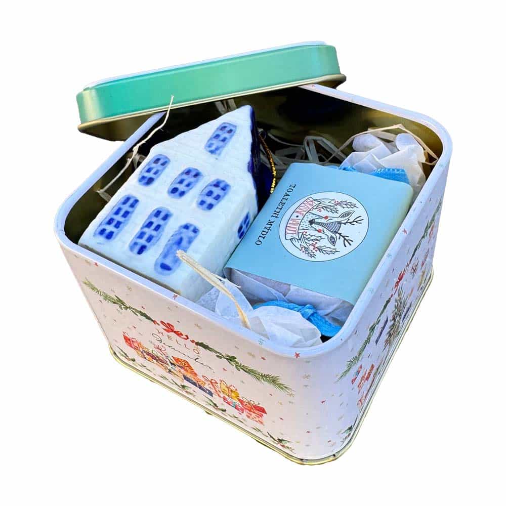 Christmas Tin Gift Box with House Ornament and Solid Soap