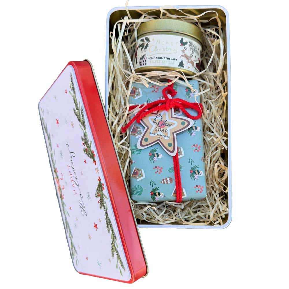 Christmas Tin Gift Box with Soap and Candle