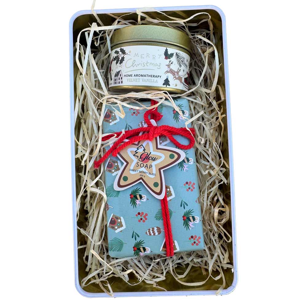 Christmas Tin Gift Box with Soap and Candle