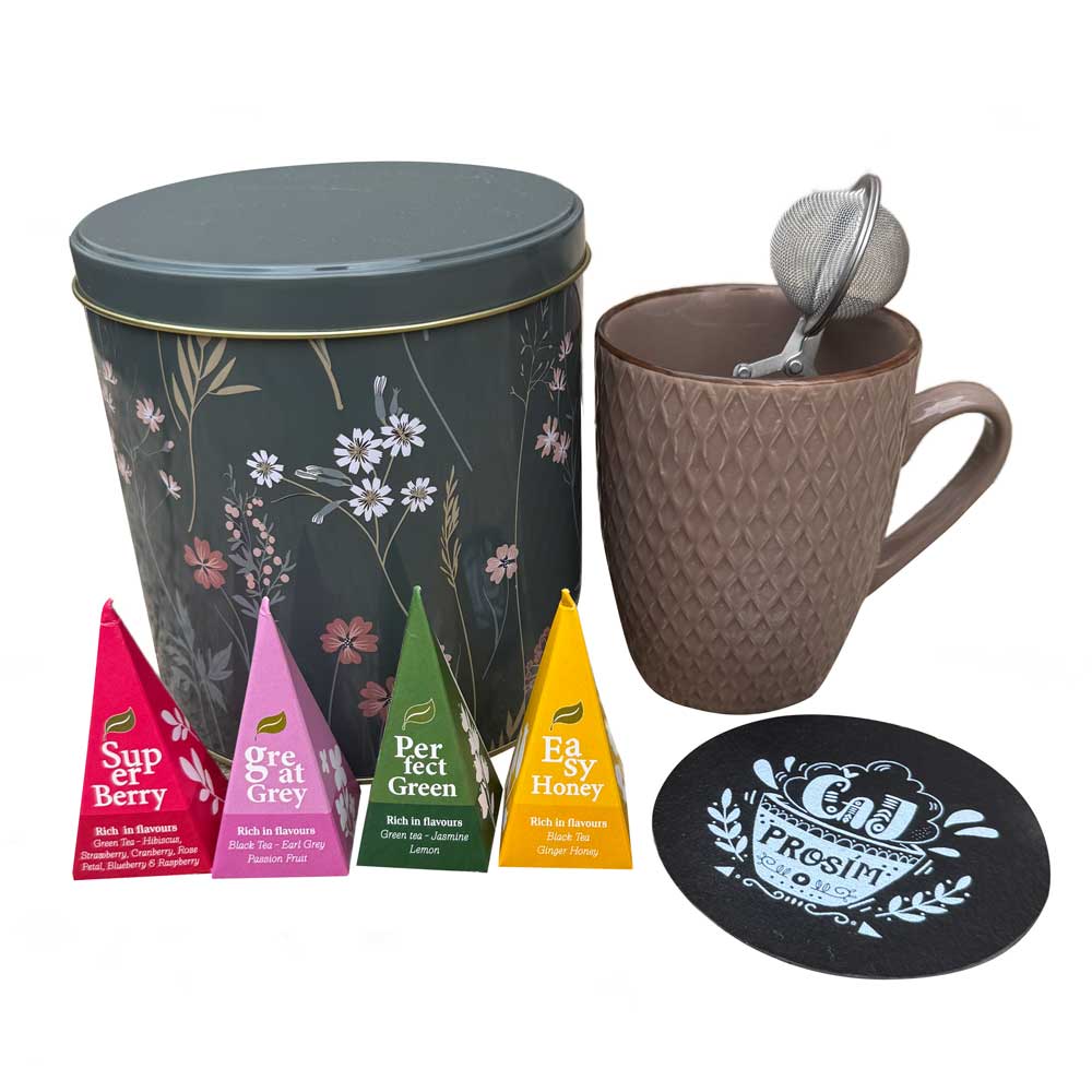 Tea Gift Tin Box with Mug, Coaster and Strainer