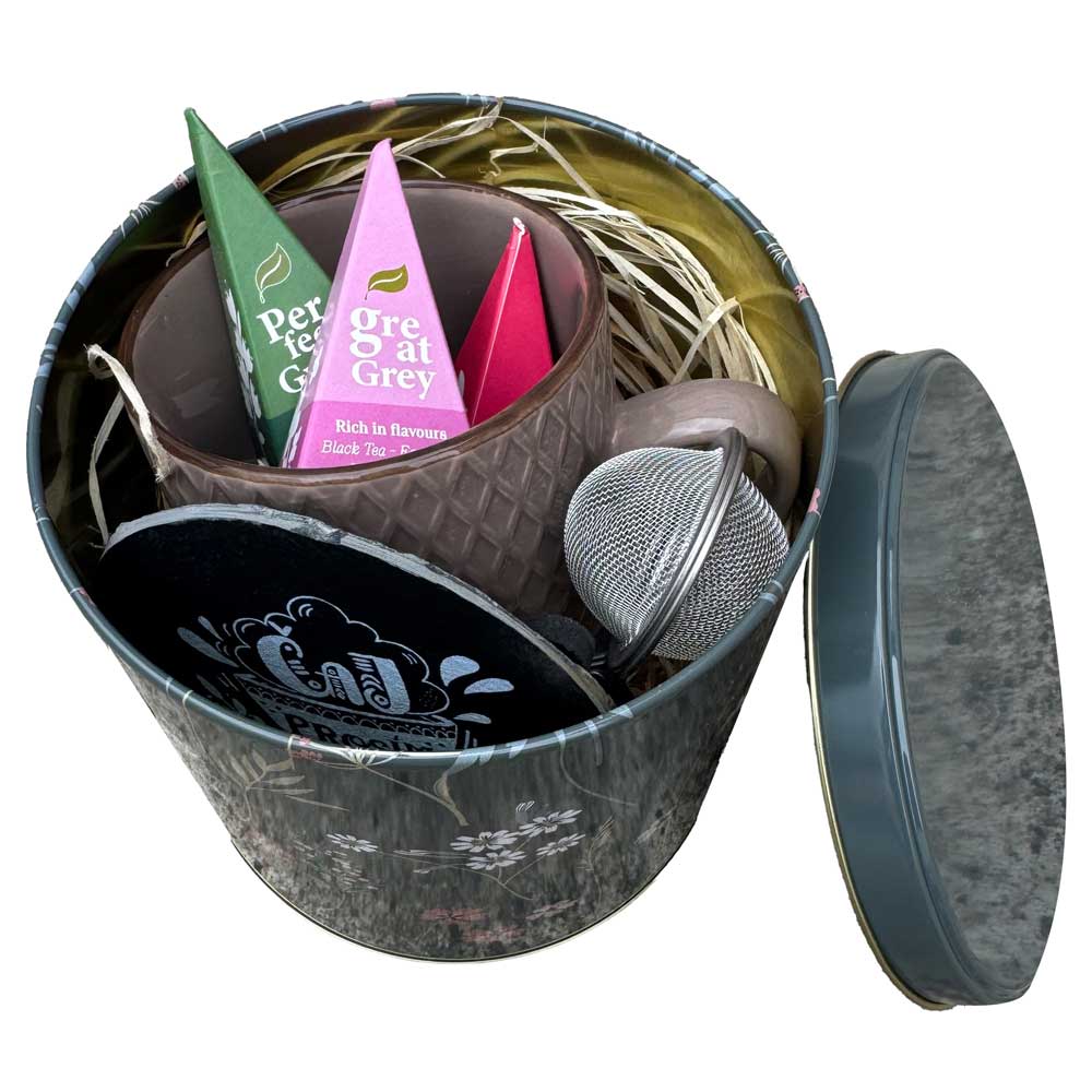 Tea Gift Tin Box with Mug, Coaster and Strainer
