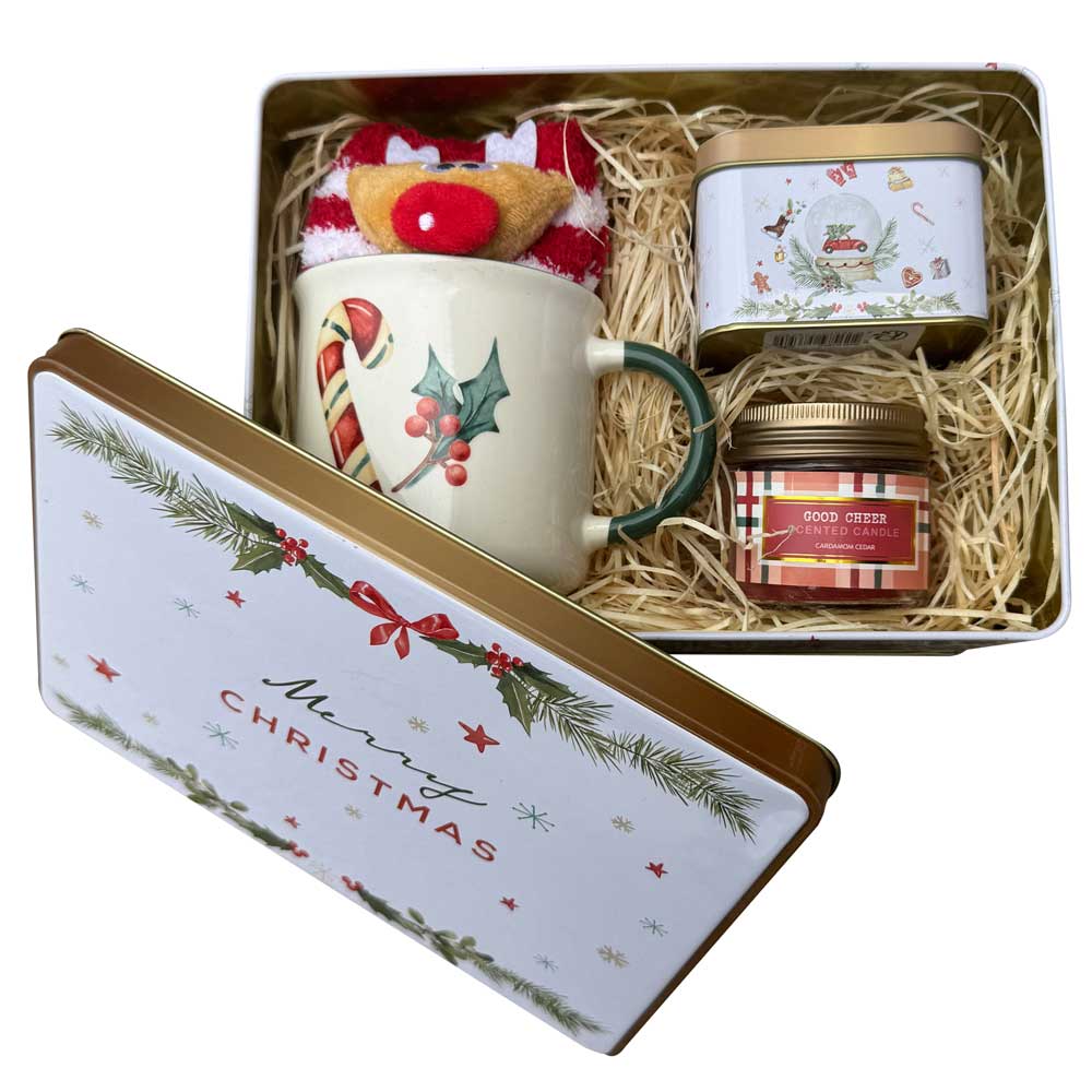 Christmas Tin Gift Box with Mug, Socks, Tea and Candle
