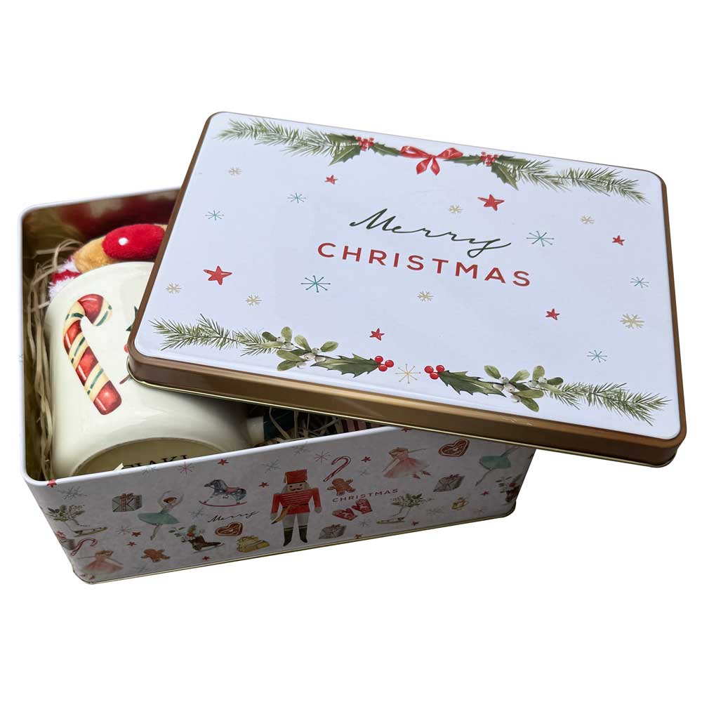 Christmas Tin Gift Box with Mug, Socks, Tea and Candle