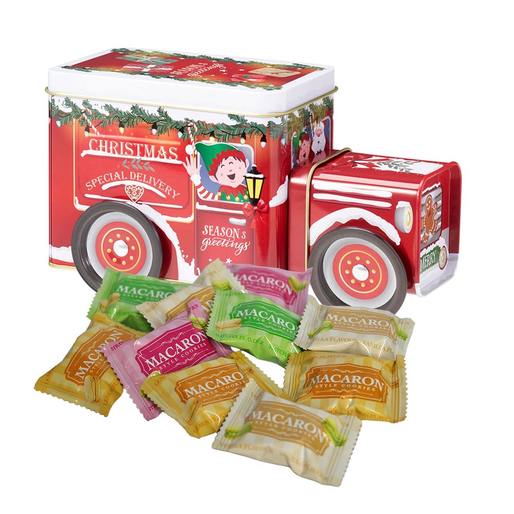Red Christmas Tin Toy Car with 10 Macarons