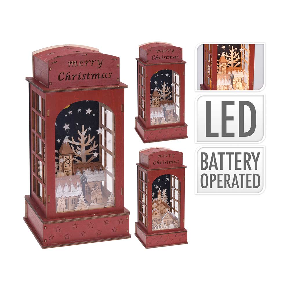Wooden Lantern with Illuminated Village